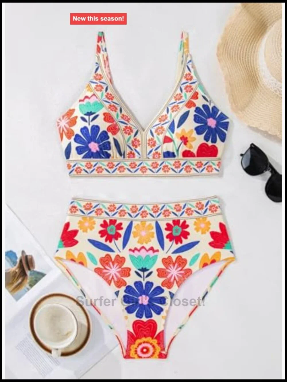 High Waisted Bikini Set V Neck Floral Print Push Up Two Piece Swimsuit Bathing
